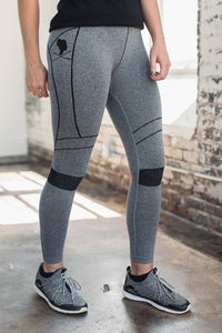 Gray athletic leggings with black top
