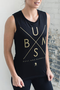 Black, graphic, muscle tank with black athletic leggings 