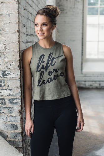 Olive green crop tank paired with black athletic leggings