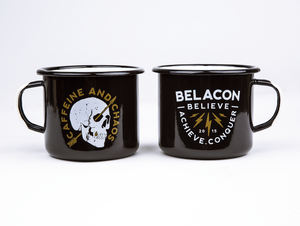 black enamel mugs with skull and lightning bolt graphic designs