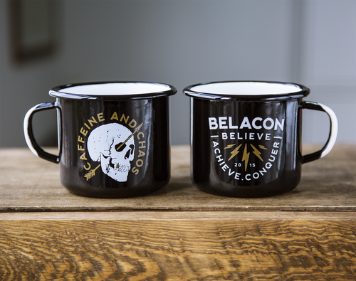 black enamel mugs with skull graphic design